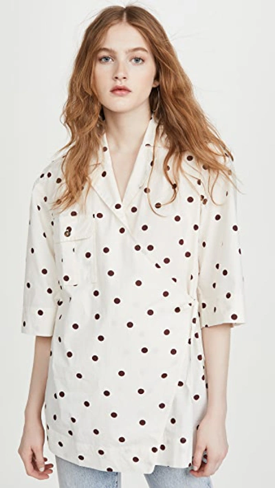 Ganni Dot Print Oversize Wrap Shirt In White