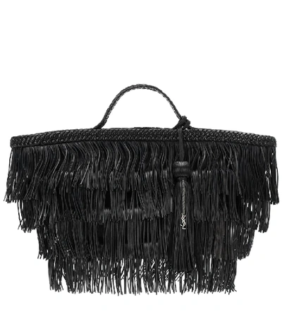 Saint Laurent Panier Tiered Fringe Leather Tote In Black