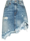 R13 ASYMMETRICAL DISTRESSED DENIM MINI SKIRT