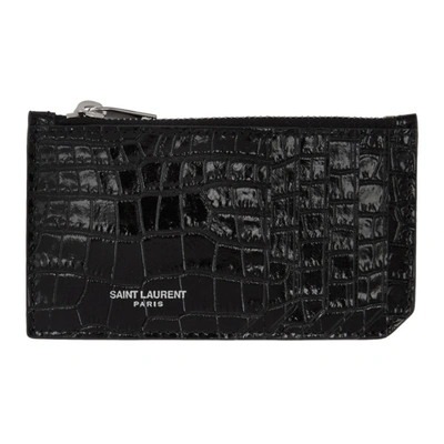 Saint Laurent Black Croc Fragment Zipped Card Holder In 1000 Black