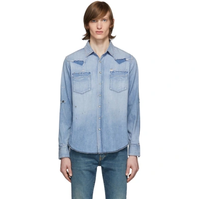 Saint Laurent Men's Destroyed Denim Western Shirt In Blue