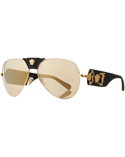 Versace Men's Leather Metal Medusa Head Aviator Sunglasses In Gold/light Brown Mirror