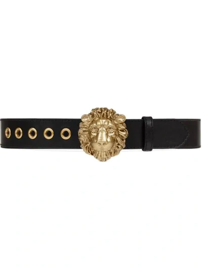 Gucci Leather Belt With Lion Head Buckle In Black Leather