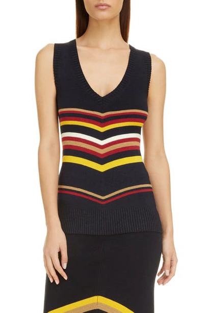 Victoria Beckham Stripe Sweater Vest In Navy/ Camel Multi