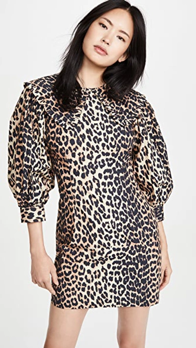 Ganni Leopard-print Cotton-poplin Mini Dress In Brown,black,beige