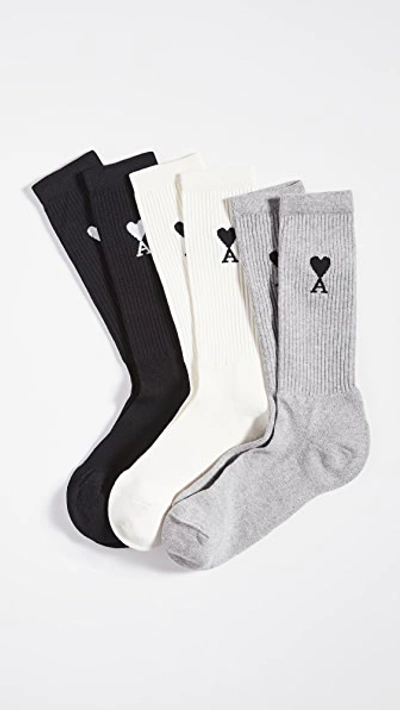 Ami Alexandre Mattiussi Three-pack Logo-intarsia Cotton-blend Socks In Off-white/grey/black