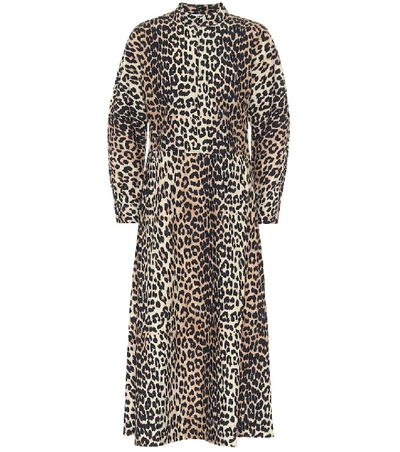 Ganni Leopard Print Long Sleeve Poplin Midi Dress In Black,beige,brown
