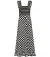 Ganni Smocked Checked Cotton-blend Seersucker Maxi Dress In Black