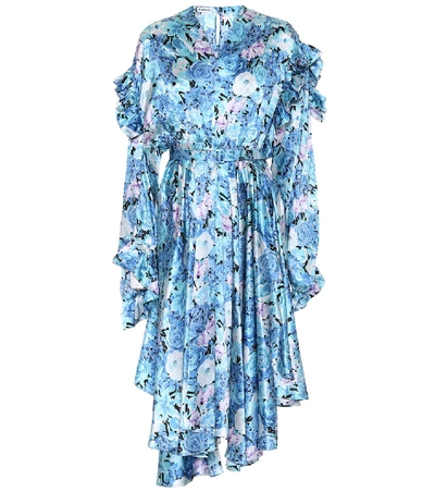 Balenciaga Asymmetric Ruffled Floral-print Silk-satin Dress In Light Blue