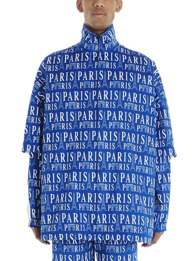 Balenciaga Paris Print Split Sleeve Track Jacket In Blue