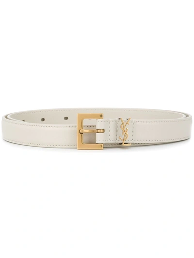 Saint Laurent Monogram Square-buckle Narrow Belt In Beige