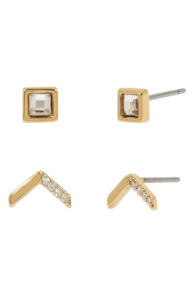 Allsaints Gold-tone Cubic Zirconia Arrow Stud Earrings Set, Set Of 2 In White/gold