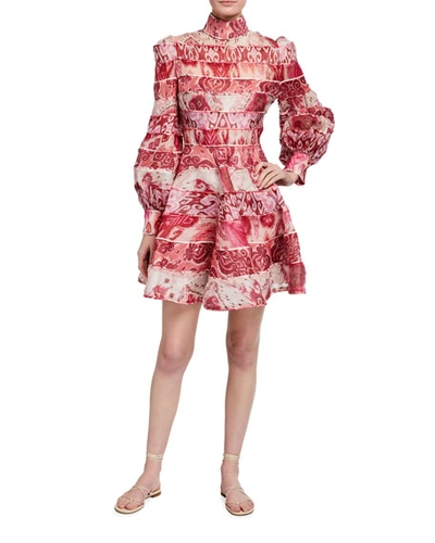 Zimmermann Wavelength Paneled Printed Linen And Silk-blend Mini Dress In Pink-drk