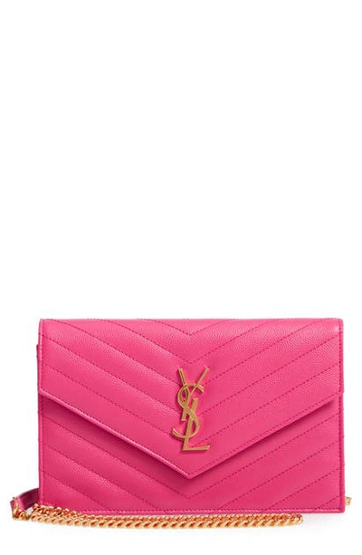 Saint Laurent 'small Mono' Leather Wallet On A Chain In Shocking Pink