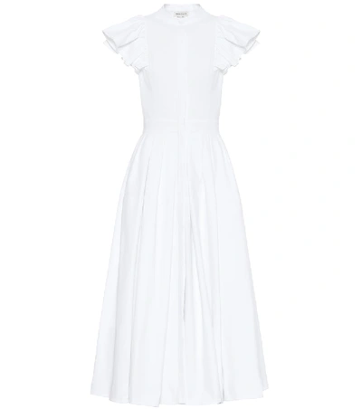 Alexander Mcqueen Frill Sleeve Cotton Midi Dress In Optical White