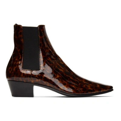 Saint Laurent Dylan Tortoiseshell Patent-leather Chelsea Boots In Brown / Bianco