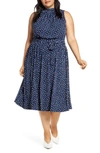 Leota Mindy Shirred Midi Dress In Twilight Dot Classic Navy