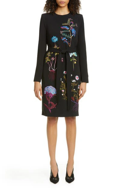 Stella Mccartney Floral Embroidered Long Sleeve Stretch Cady Dress In Black