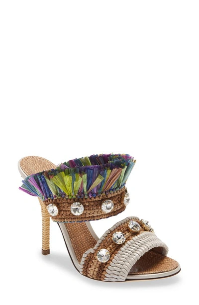 Dolce & Gabbana Raffia Fringe & Crystal Embellished Sandal In Multicoloured