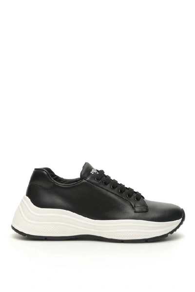 Prada Leather Low-top Sneakers In Black/white