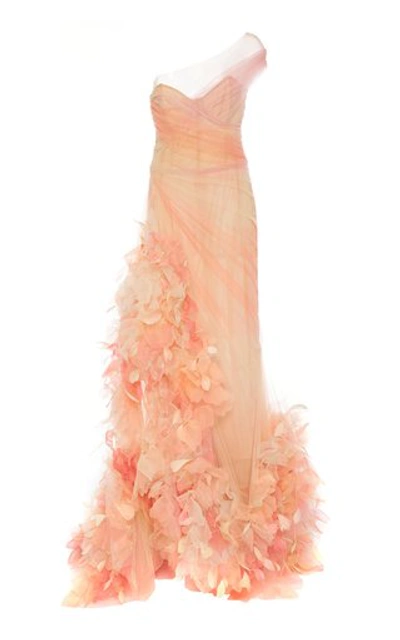 Marchesa Feather-embellished Chiffon Dress In Pink