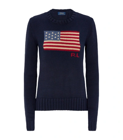 Ralph Lauren Flag Cotton Crewneck Sweater In Blue