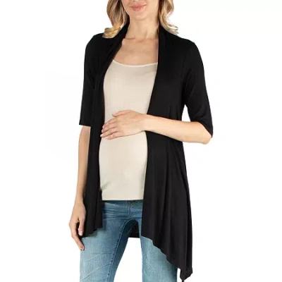 24seven Comfort Apparel Maternity Open Front Elbow Sleeve Cascading Drape Loose Fit Cardigan In Black