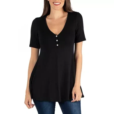 24seven Comfort Apparel 24/7 Comfort Apparel Short Sleeve Tunic Top With Buttons In Black