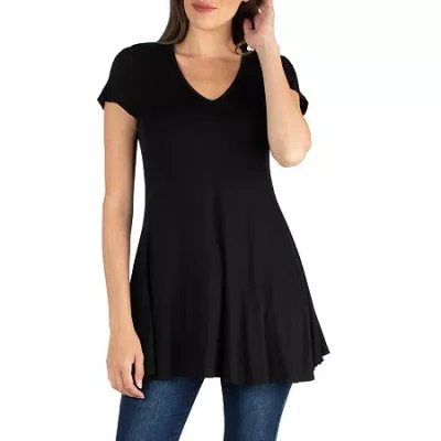 24seven Comfort Apparel 24/7 Comfort Apparel V Neck Short Sleeve Loose Fit Tunic Top In Black