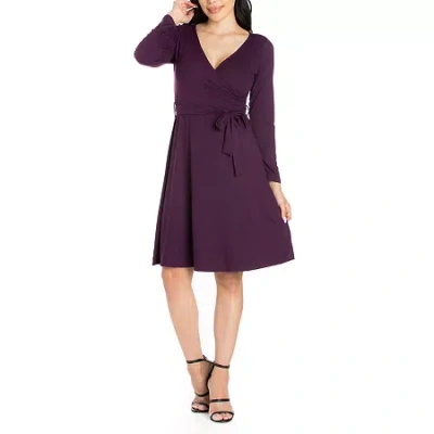24seven Comfort Apparel 24/7 Comfort Apparel Womens Chic V Neck Belted Dress In Purple