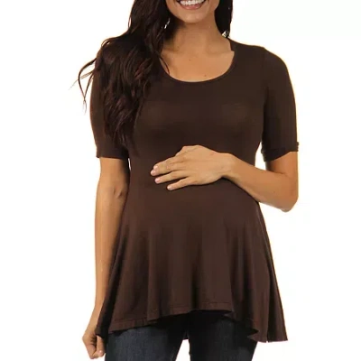 24seven Comfort Apparel 24/7 Comfort Apparel-maternity Womens Scoop Neck Short Sleeve Tunic Top In Brown