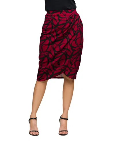 24SEVEN COMFORT APPAREL 24SEVEN COMFORT WOMEN'S APPAREL BURGUNDY PRINT RUCHED KNEE LENGTH SKIRT