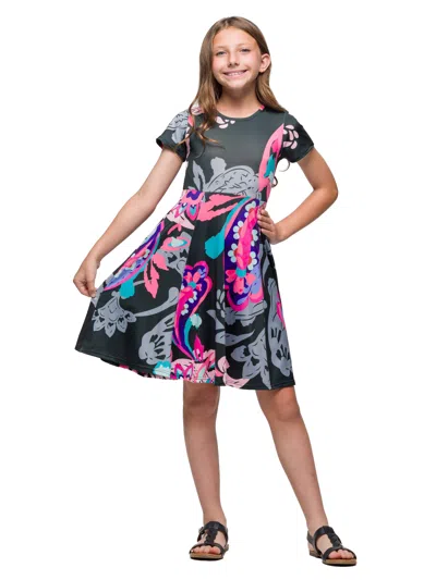 24seven Comfort Apparel 24sevenkid Girls Black And Pink Paisley Fit And Flare Knee Length Dress In Multi
