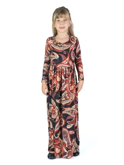 24seven Comfort Apparel 24sevenkid Girls Black And Red Paisley Long Sleeve Pleated Maxi Dress In Brown