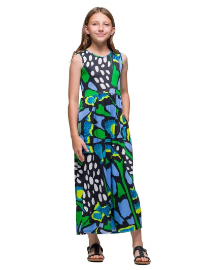 24seven Comfort Apparel 24sevenkid Girls Blue Butterfly Print Sleeveless Maxi Dress With Pockets In Multi