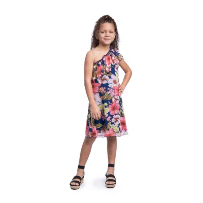 24seven Comfort Apparel 24sevenkid Girls Blue Floral One Shoulder Ruffle Knee Length Dress In Multi