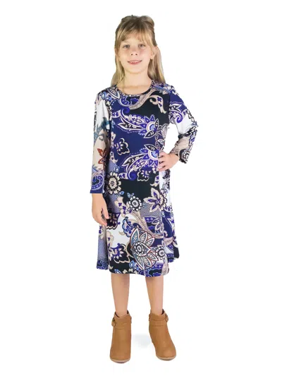 24seven Comfort Apparel 24sevenkid Girls Blue Paisley Long Sleeve Loose Fit Knee Length Tunic Pocket Dress