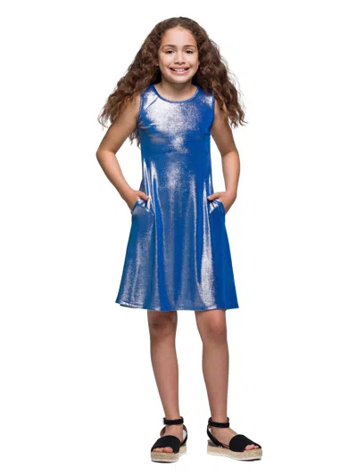 24seven Comfort Apparel 24sevenkid Girls Blue Shimmery Metallic Sleeveless A Line Dress