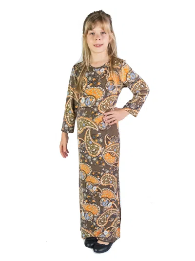 24seven Comfort Apparel 24sevenkid Girls Brown Fall Print Long Sleeve Side Slit Maxi Dress In Multi