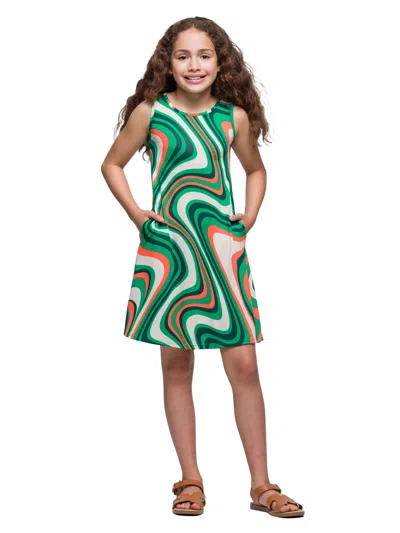 24seven Comfort Apparel 24sevenkid Girls Green Print Sleeveless Pockets Dress