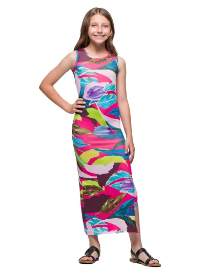 24seven Comfort Apparel 24sevenkid Girls Pink Floral Print Side Slit Maxi Dress In Multi