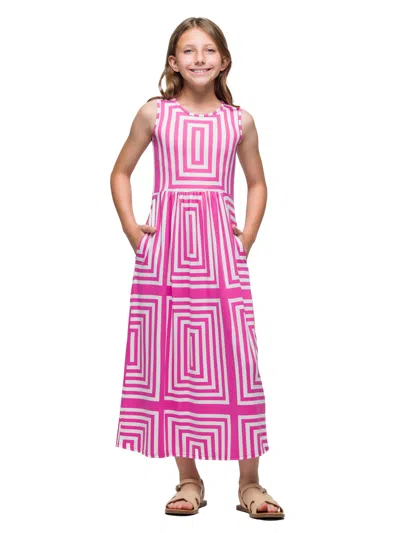 24seven Comfort Apparel 24sevenkid Girls Pink Geometric Print Sleeveless Pocket Maxi Dress