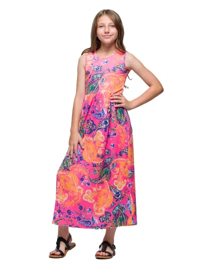 24seven Comfort Apparel 24sevenkid Girls Pink Paisley Print Sleeveless Maxi Dress With Pockets