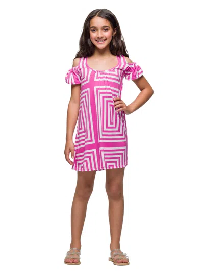 24seven Comfort Apparel 24sevenkid Girls Pink Print Cold Shoulder A Line Dress