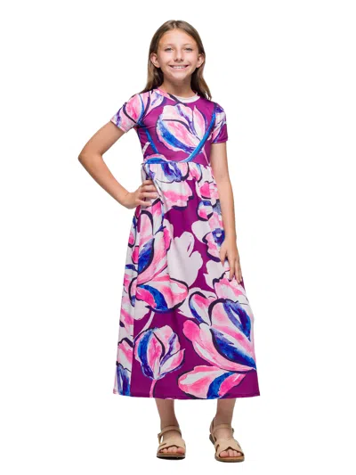 24seven Comfort Apparel 24sevenkid Girls Purple Floral Print Short Sleeve Maxi Dress In Multi