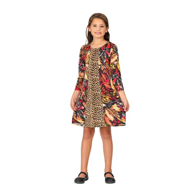 24seven Comfort Apparel 24sevenkid Girls Red Multiprint Knee Length Fall Dress