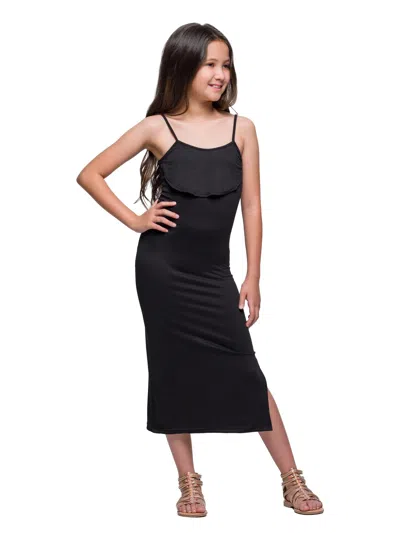 24seven Comfort Apparel 24sevenkid Girls Ruffle Spaghetti Strap Maxi Dress In Black