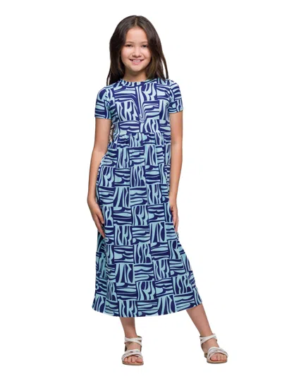 24seven Comfort Apparel 24sevenkid Girls Short Sleeve Blue Geo Print Maxi Dress