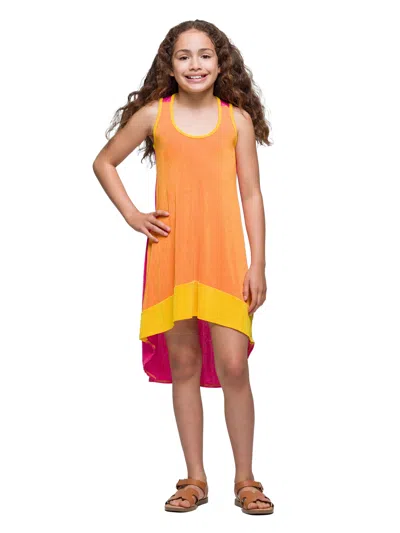 24seven Comfort Apparel 24sevenkid Girls Sleeveless Colorblock Highlow Knee Length Dress In Orange