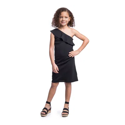 24seven Comfort Apparel 24sevenkid Girls Solid Color One Shoulder Ruffle Knee Length Dress In Black